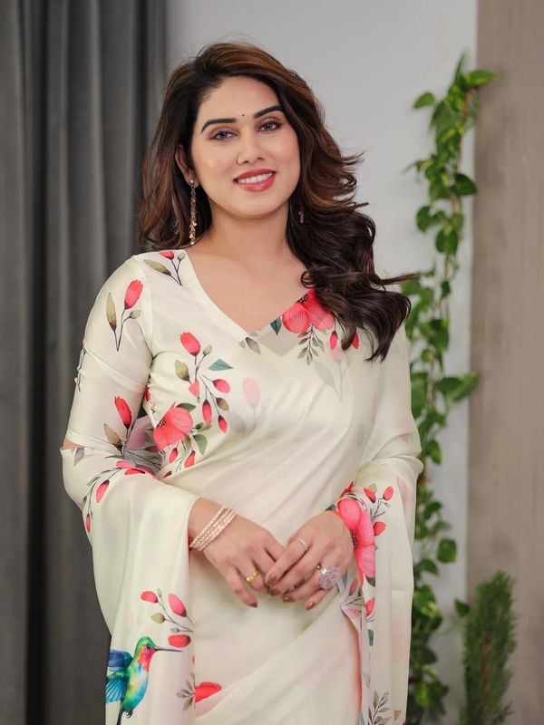 Cream Floral Satin Saree with Unstitched Blouse Varnavi