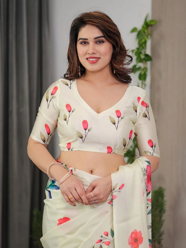 Cream Floral Satin Saree with Unstitched Blouse Varnavi