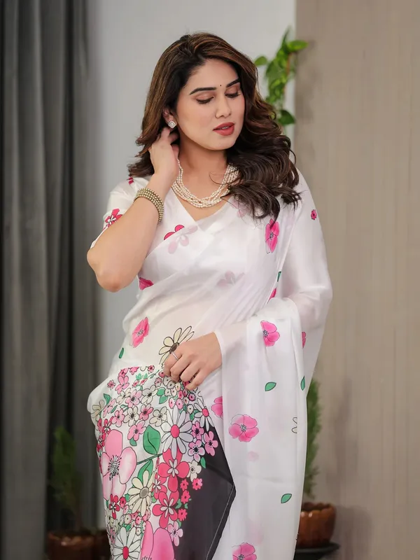 White Floral Satin Saree with Pink Flower Print Varnavi