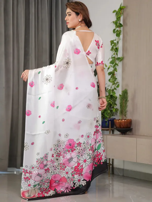 White Floral Satin Saree with Pink Flower Print Varnavi