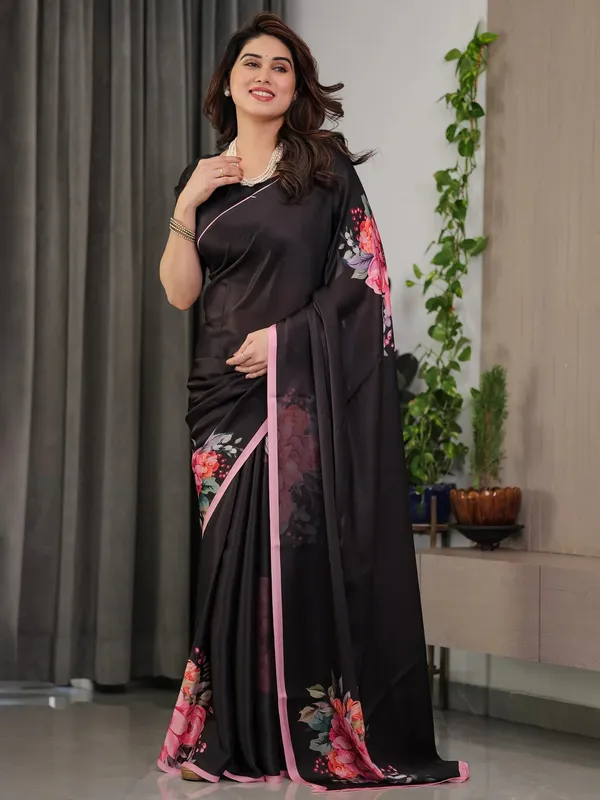 Black Floral Satin Saree with Unstitched Blouse Varnavi