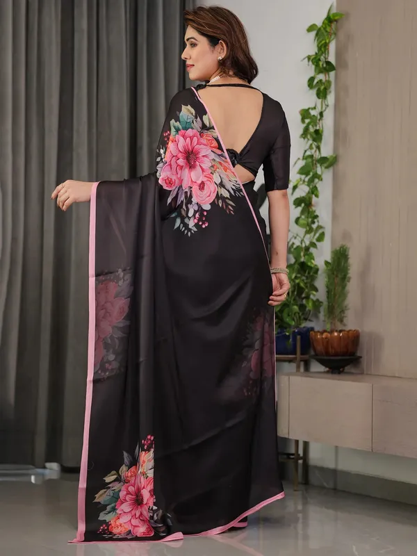Black Floral Satin Saree with Unstitched Blouse Varnavi