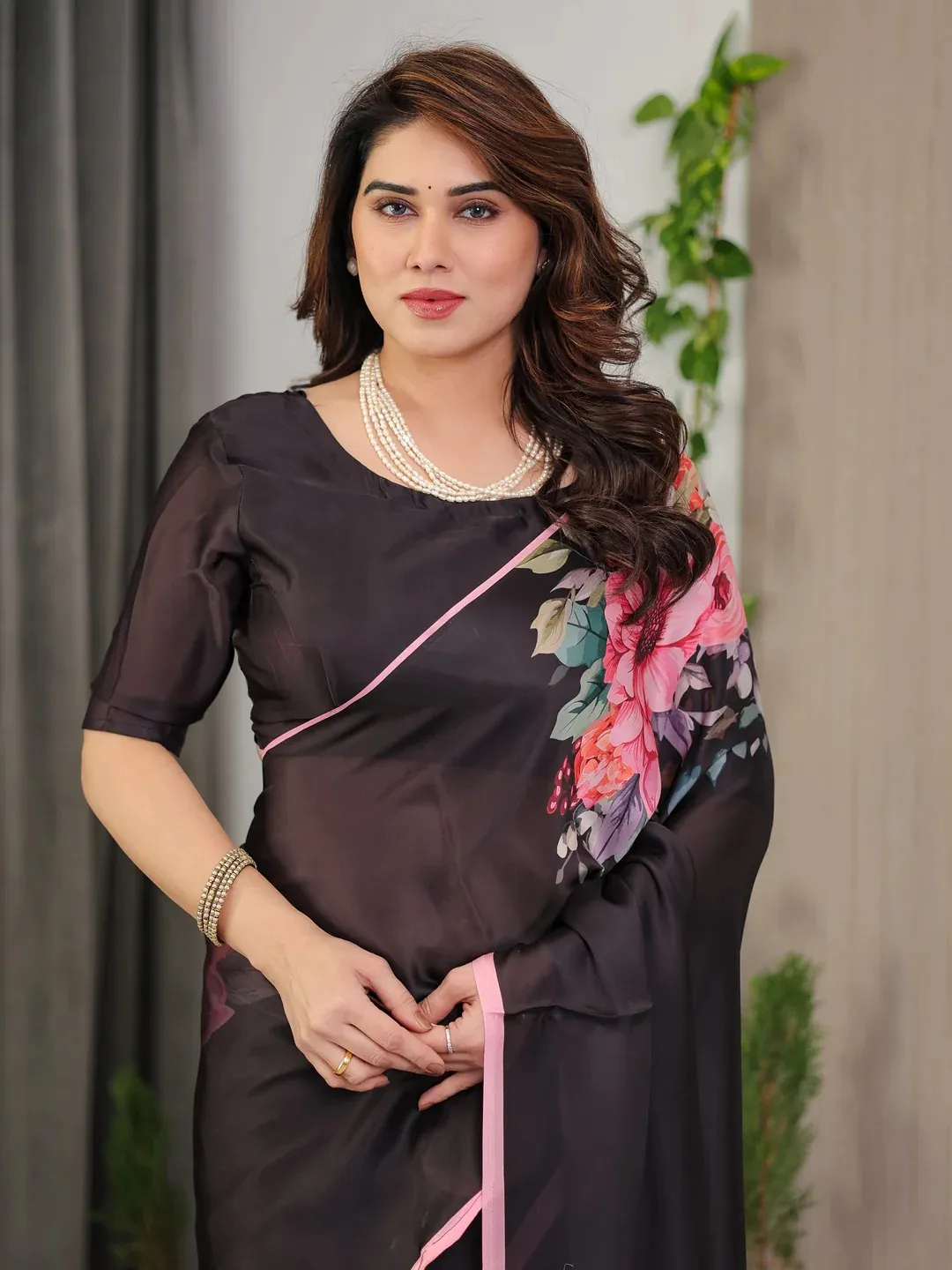 Black Floral Satin Saree with Unstitched Blouse Varnavi