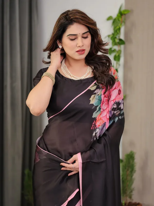 Black Floral Satin Saree with Unstitched Blouse Varnavi