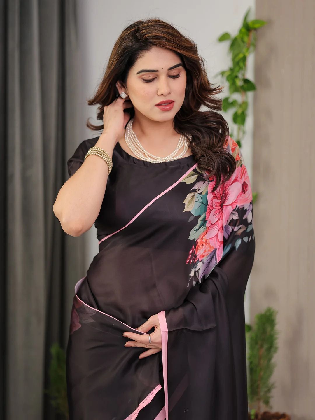 Black Floral Satin Saree with Unstitched Blouse Varnavi