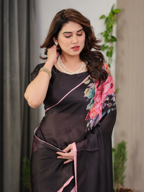 Black Floral Satin Saree with Unstitched Blouse Varnavi