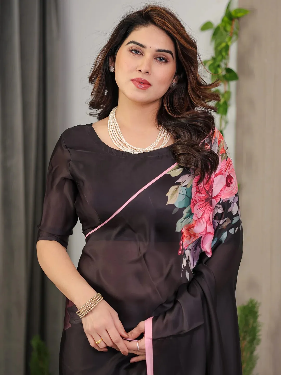 Black Floral Satin Saree with Unstitched Blouse Varnavi