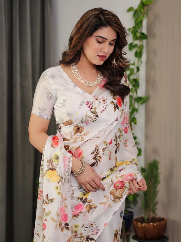 Cream Floral Satin Saree with Unstitched Blouse Varnavi