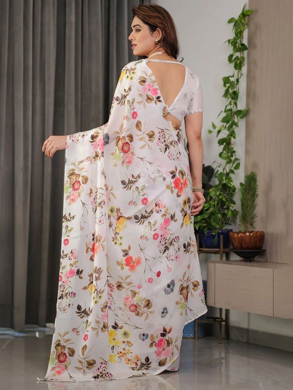 Cream Floral Satin Saree with Unstitched Blouse Varnavi