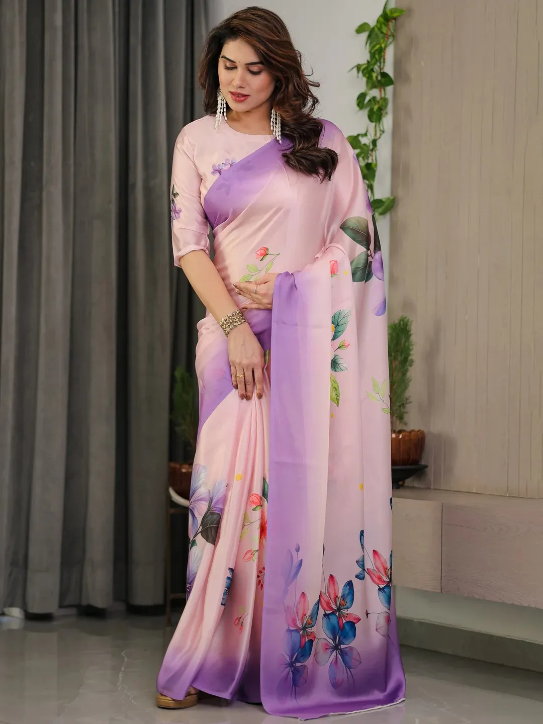 Pink Floral Satin Saree with Unstitched Blouse: Varnavi