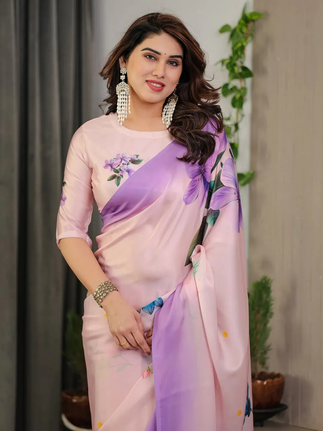Pink Floral Satin Saree with Unstitched Blouse: Varnavi
