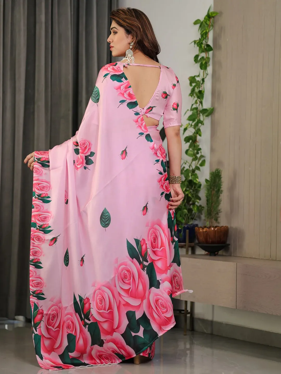 Pink Rose Satin Saree with Unstitched Blouse by Varnavi