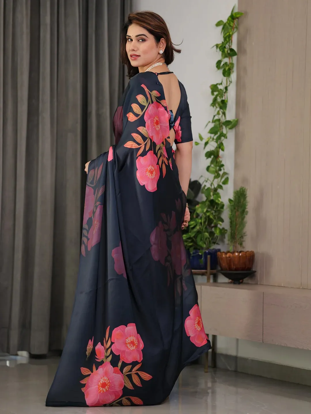 Navy Blue Floral Satin Saree with Blouse Varnavi Online