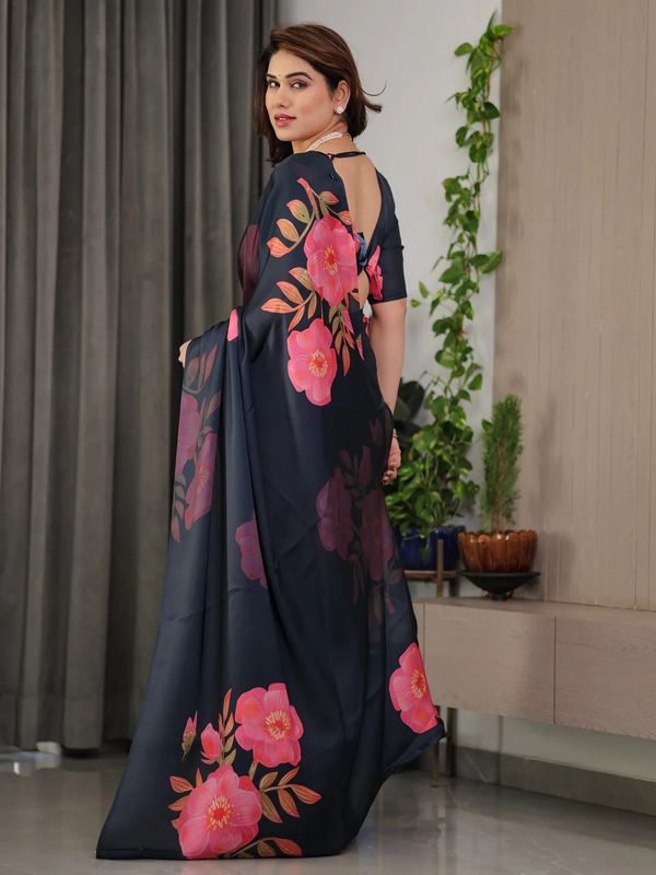 Navy Blue Floral Satin Saree with Blouse Varnavi Online
