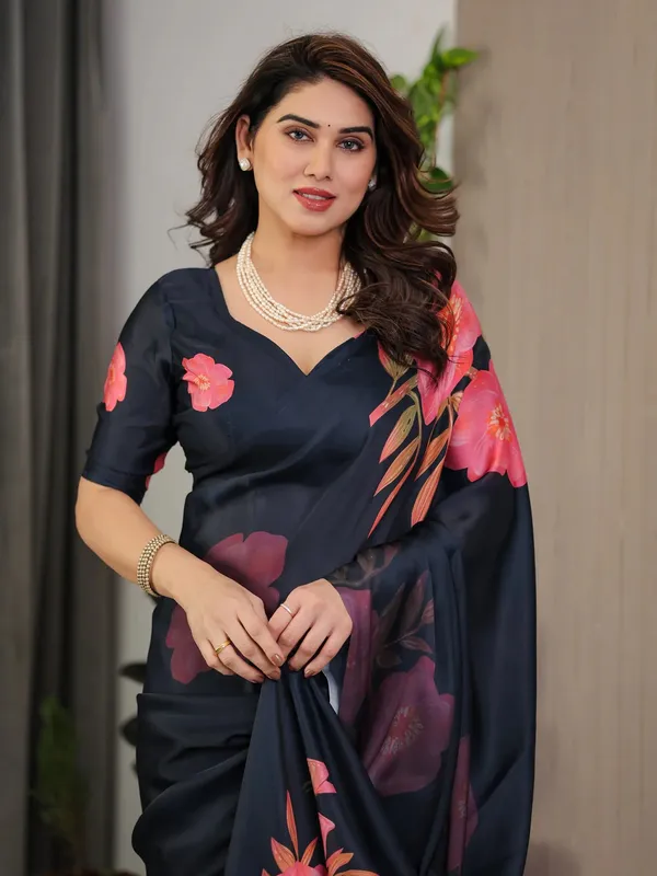 Navy Blue Floral Satin Saree with Blouse Varnavi Online