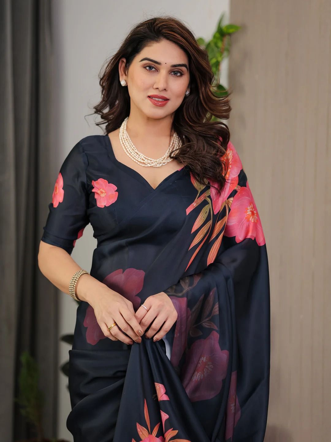 Navy Blue Floral Satin Saree with Blouse Varnavi Online