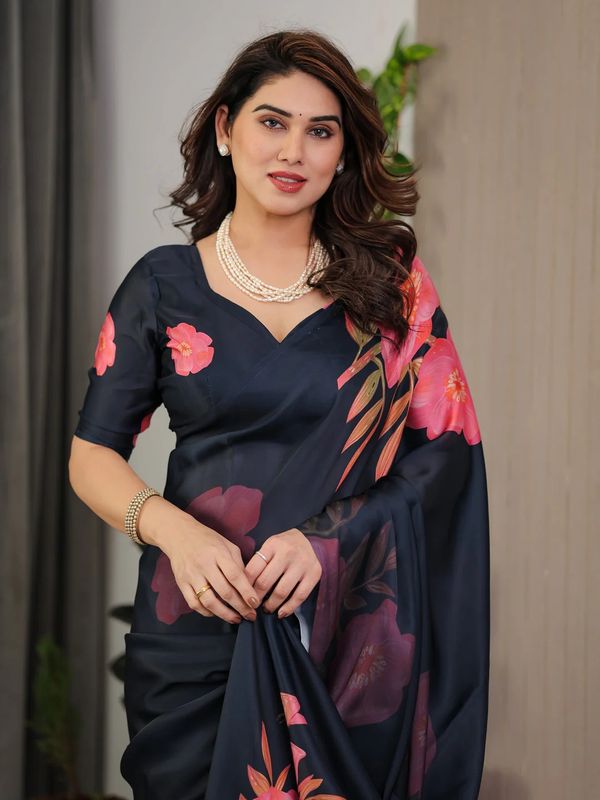 Navy Blue Floral Satin Saree with Blouse Varnavi Online