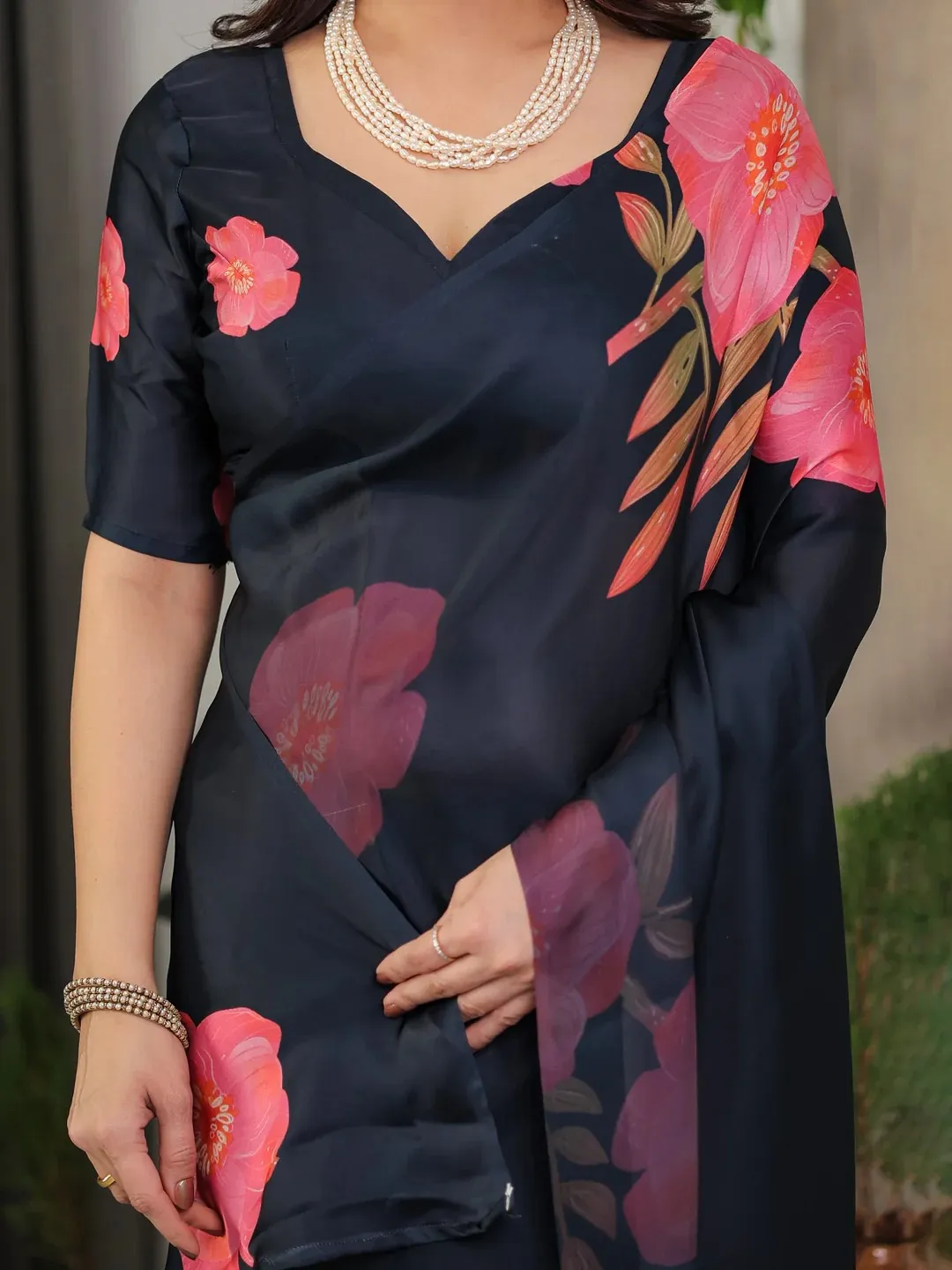 Navy Blue Floral Satin Saree with Blouse Varnavi Online