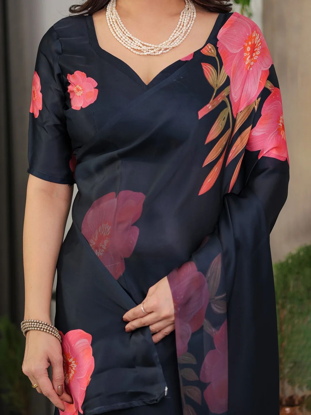 Navy Blue Floral Satin Saree with Blouse Varnavi Online