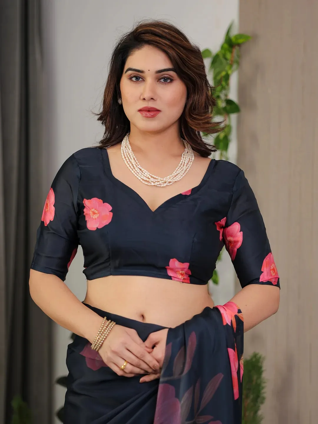 Navy Blue Floral Satin Saree with Blouse Varnavi Online