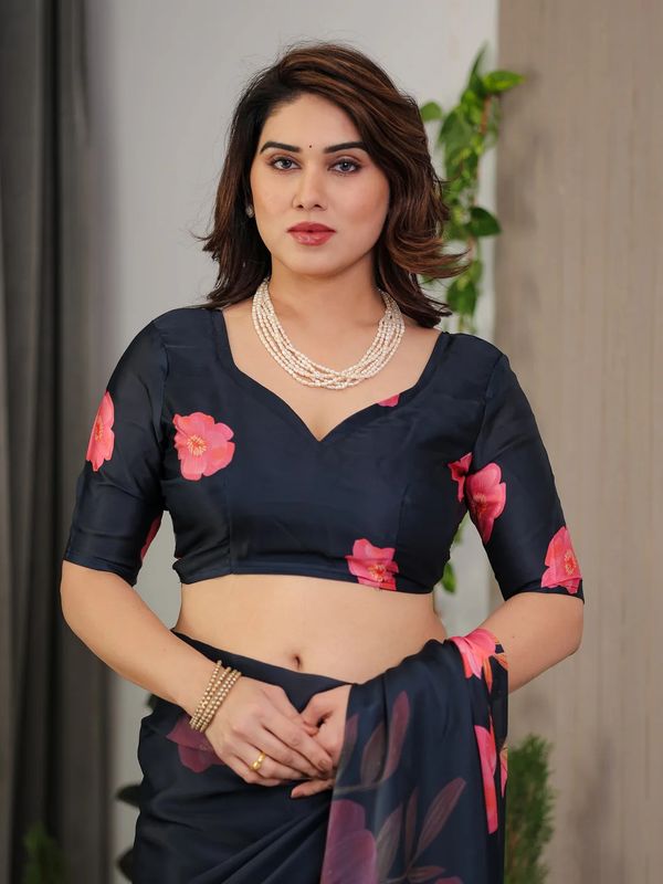 Navy Blue Floral Satin Saree with Blouse Varnavi Online