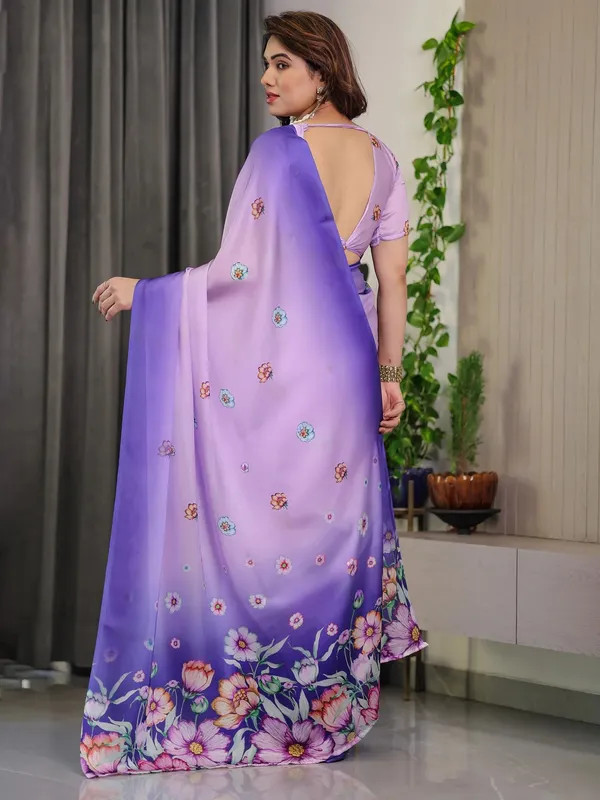 Lavender Floral Satin Saree with Blouse for Her Varnavi