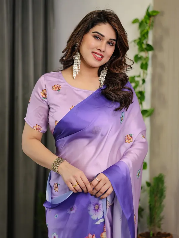 Lavender Floral Satin Saree with Blouse for Her Varnavi
