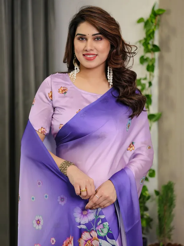 Lavender Floral Satin Saree with Blouse for Her Varnavi