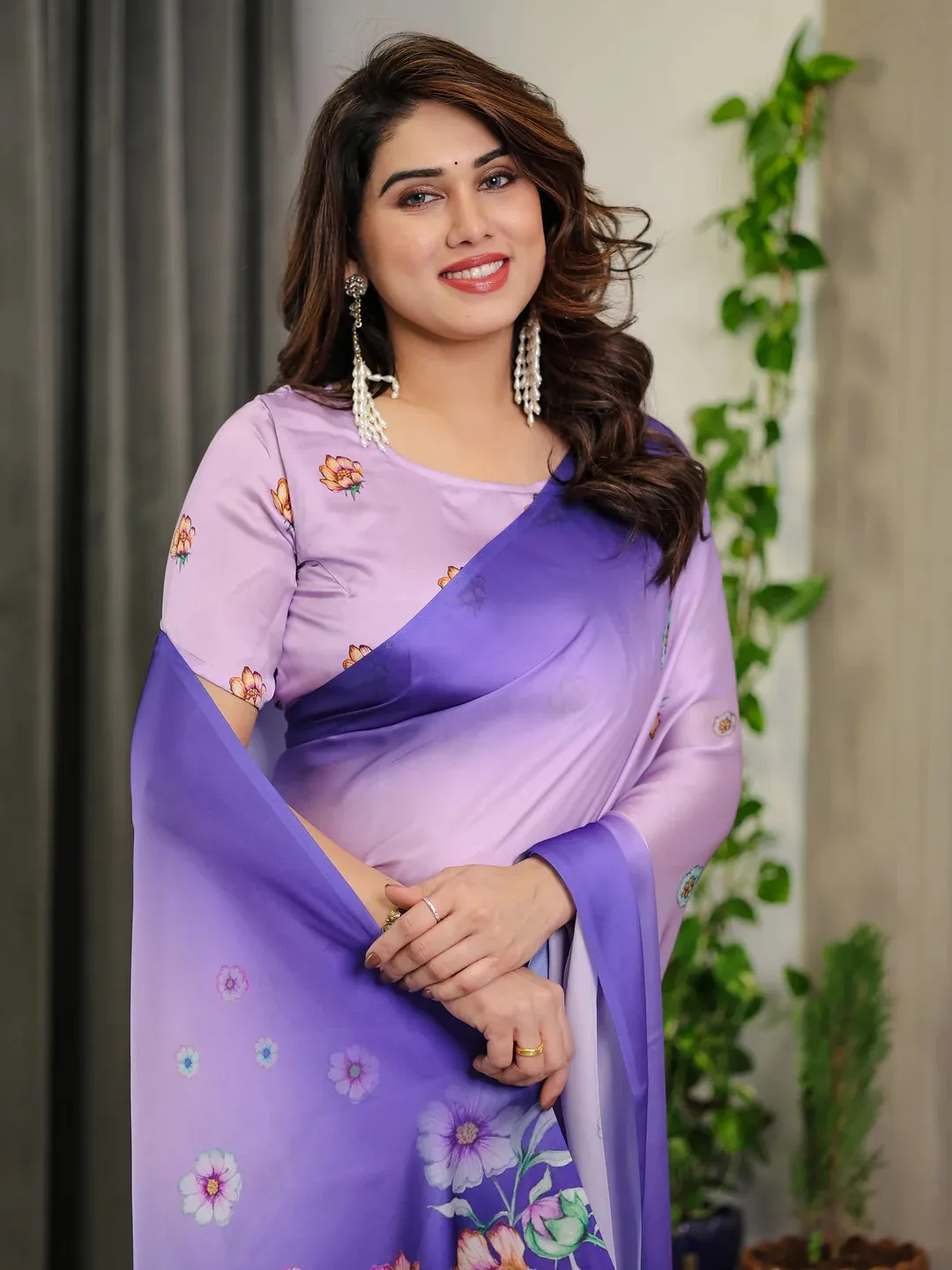 Lavender Floral Satin Saree with Blouse for Her Varnavi