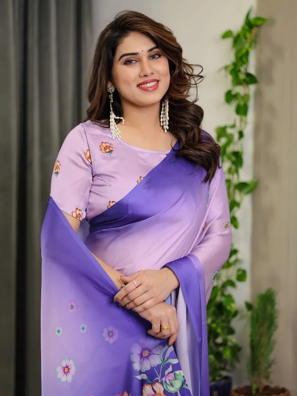 Lavender Floral Satin Saree with Blouse for Her Varnavi