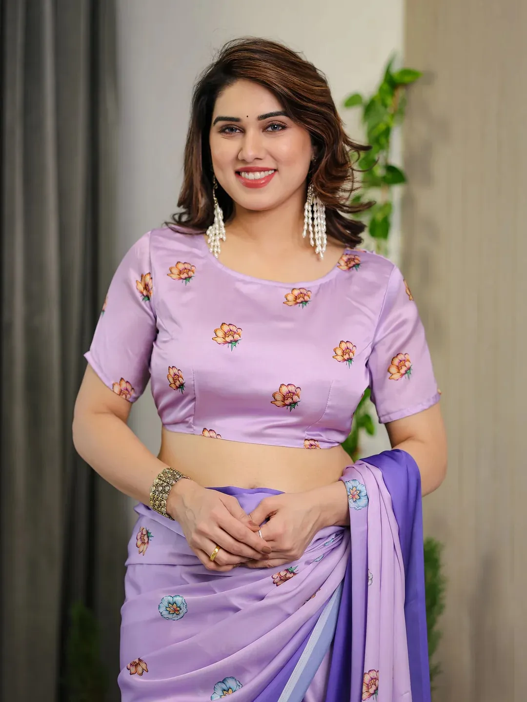 Lavender Floral Satin Saree with Blouse for Her Varnavi