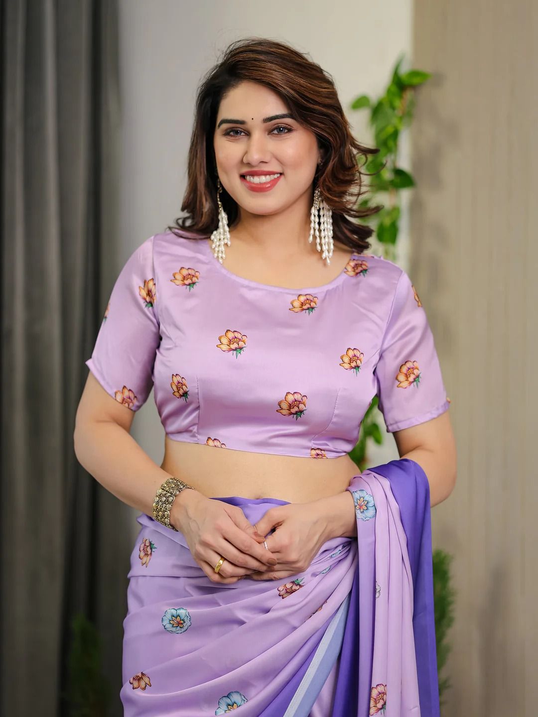 Lavender Floral Satin Saree with Blouse for Her Varnavi