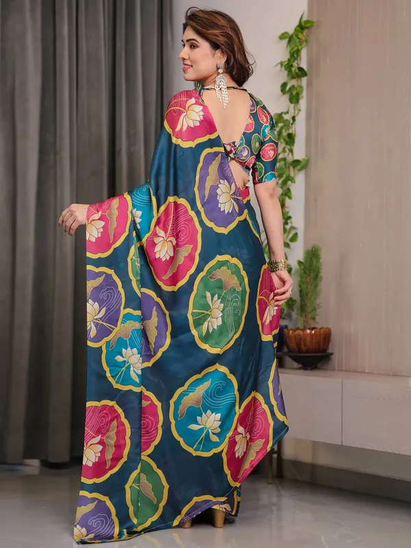 Teal Floral Satin Saree with Unstitched Blouse, Varnavi