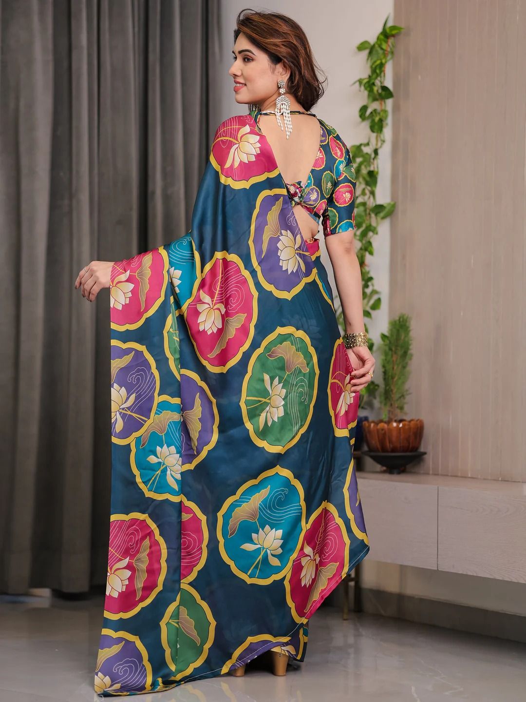 Teal Floral Satin Saree with Unstitched Blouse, Varnavi