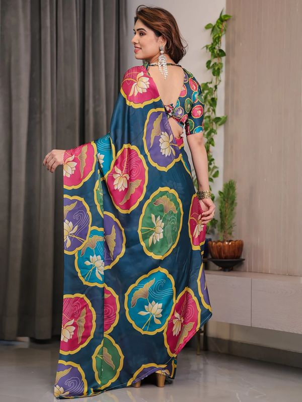 Teal Floral Satin Saree with Unstitched Blouse, Varnavi