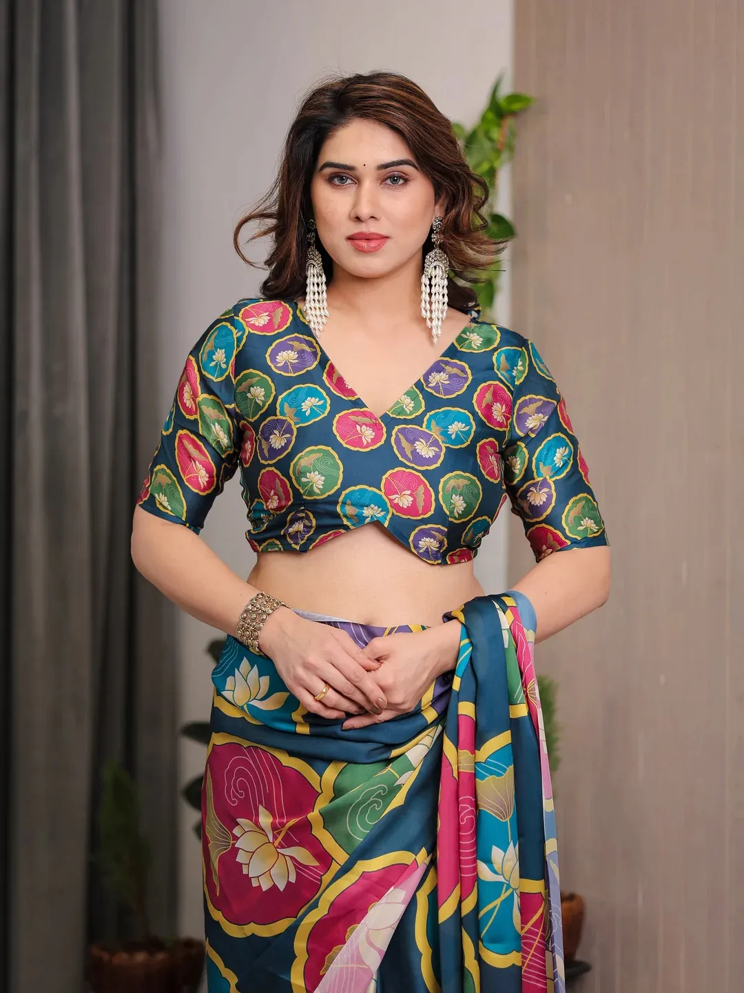 Teal Floral Satin Saree with Unstitched Blouse, Varnavi