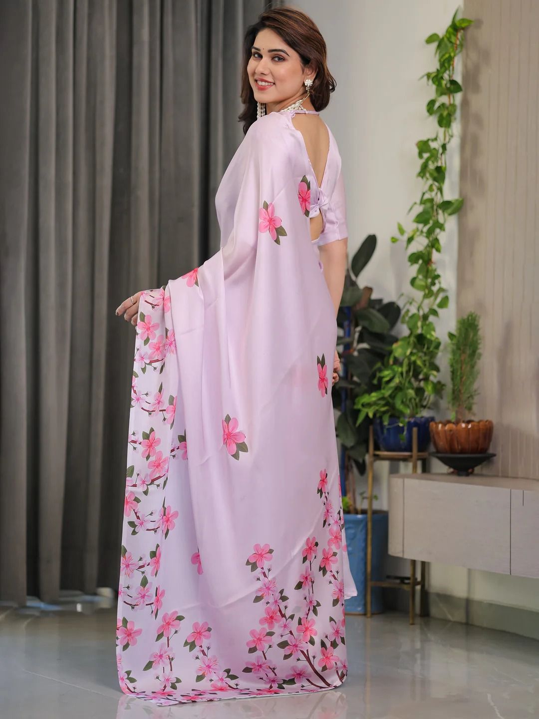 Pink Floral Satin Saree with Unstitched Blouse, Varnavi