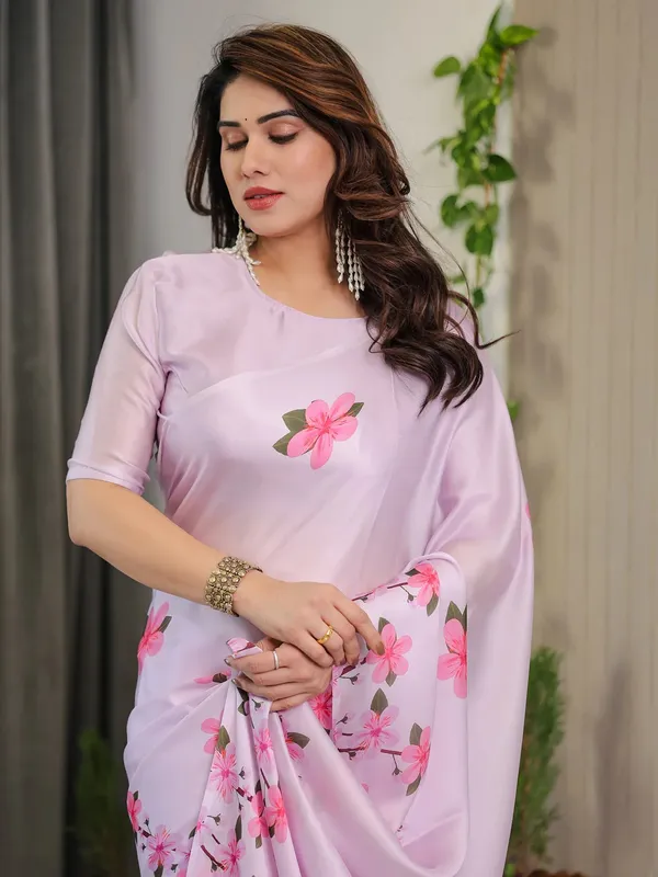 Pink Floral Satin Saree with Unstitched Blouse, Varnavi