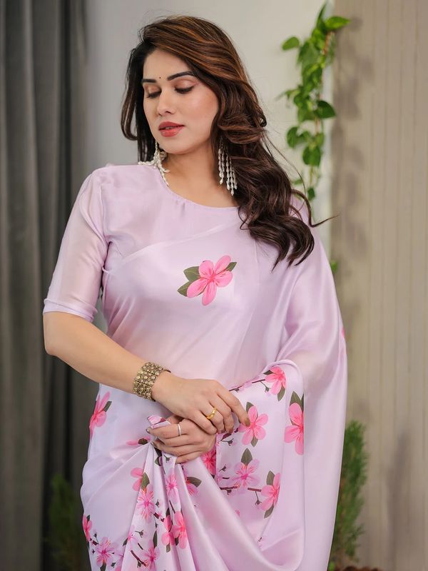 Pink Floral Satin Saree with Unstitched Blouse, Varnavi