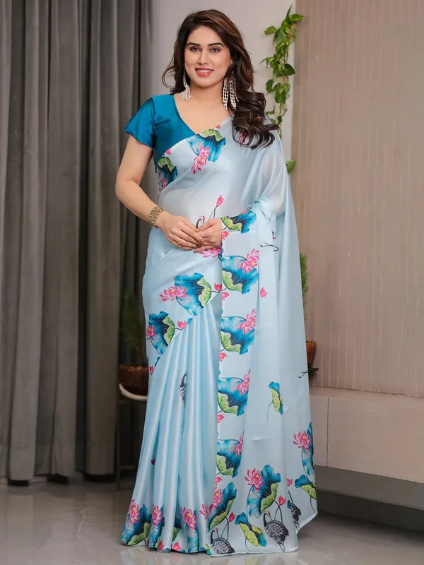 Sky Blue Lotus Print Satin Saree with Blouse by Varnavi