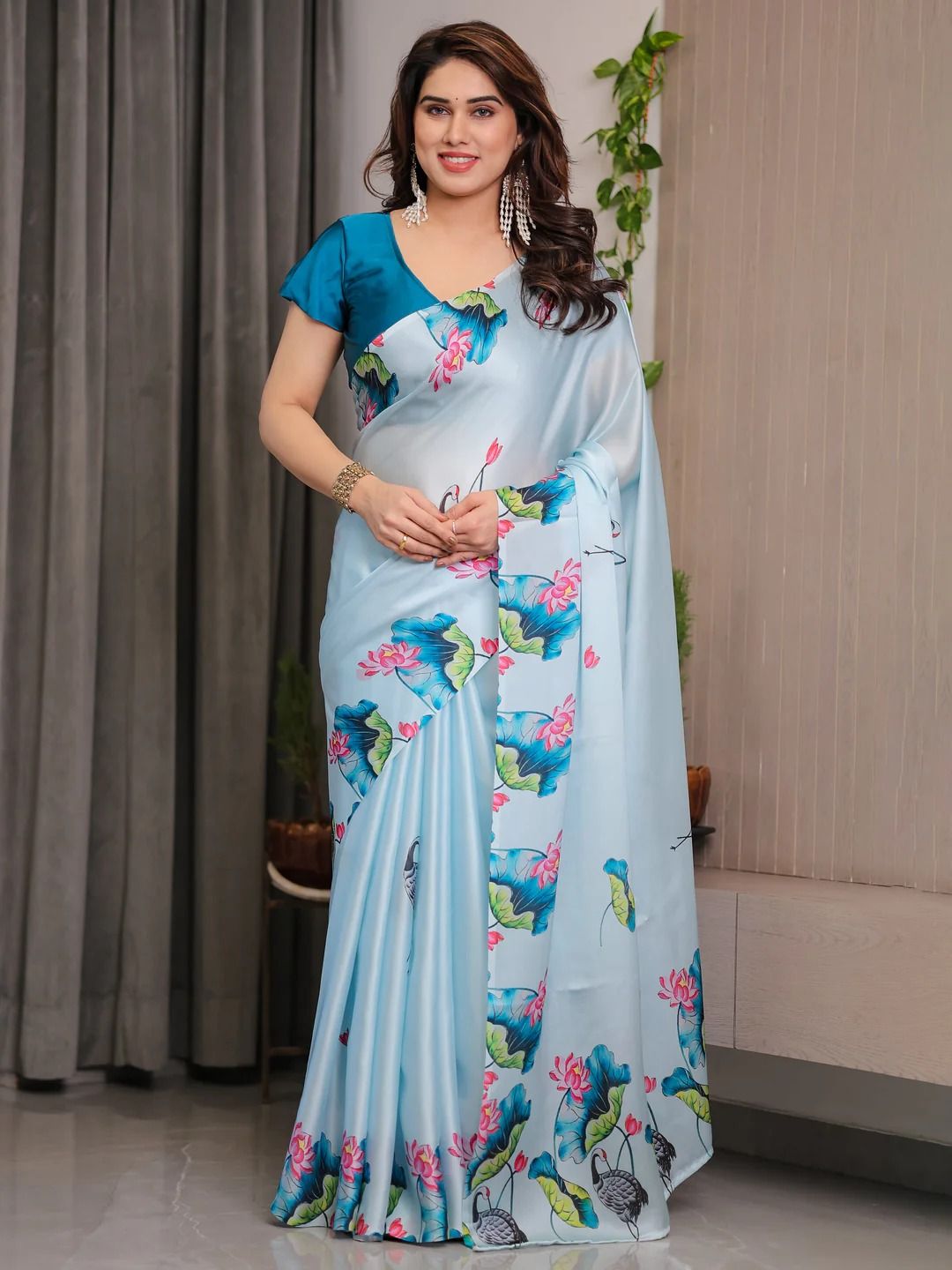 Sky Blue Lotus Print Satin Saree with Blouse by Varnavi