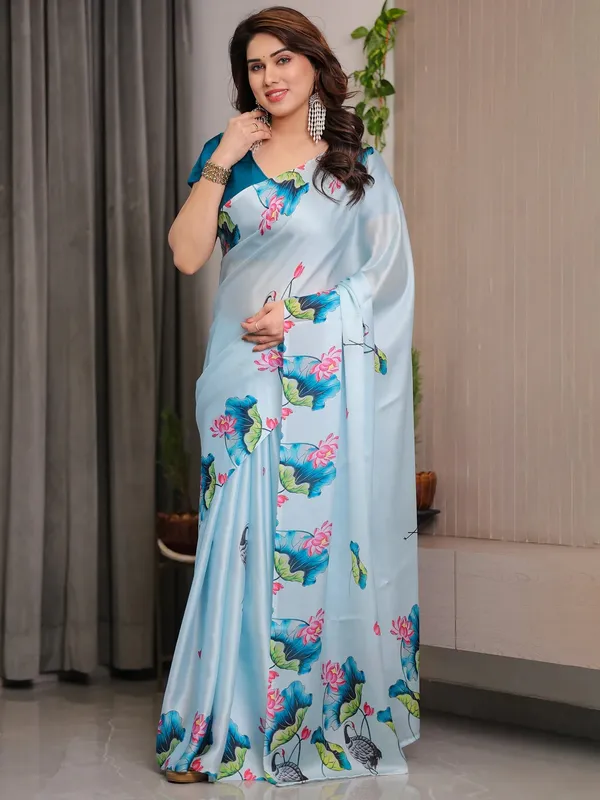 Sky Blue Lotus Print Satin Saree with Blouse by Varnavi