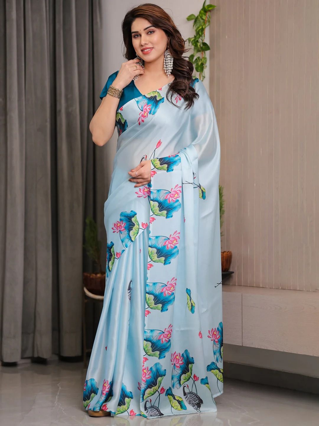 Sky Blue Lotus Print Satin Saree with Blouse by Varnavi