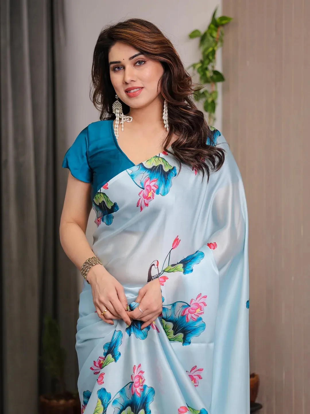 Sky Blue Lotus Print Satin Saree with Blouse by Varnavi