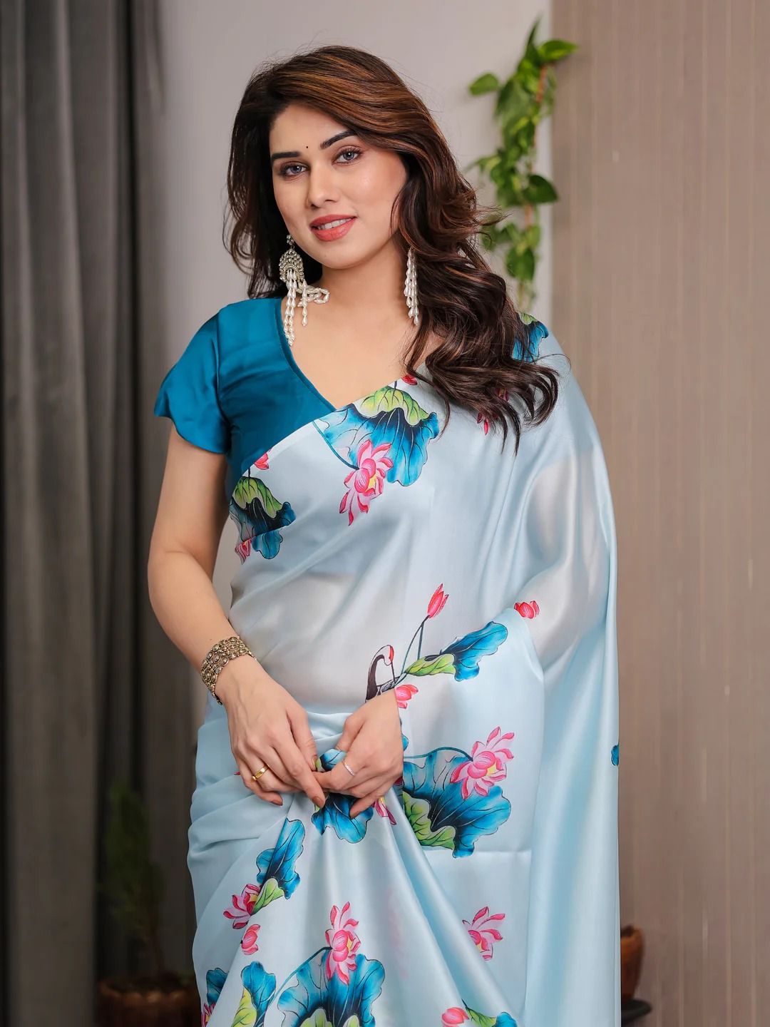 Sky Blue Lotus Print Satin Saree with Blouse by Varnavi