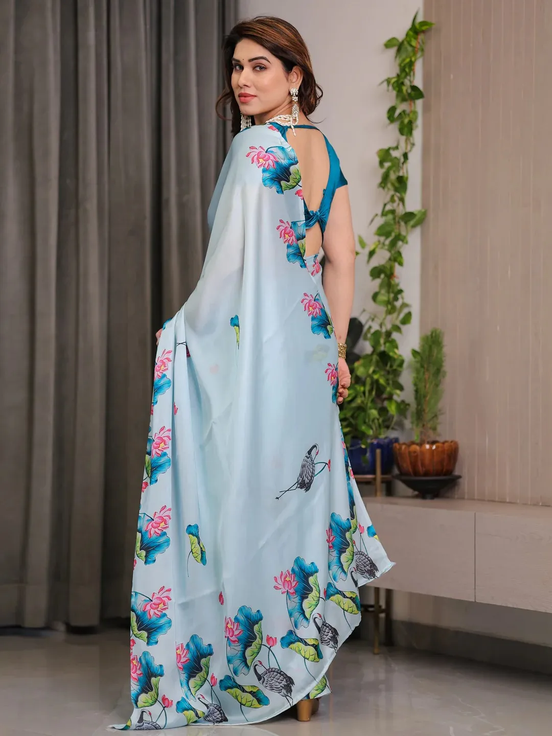 Sky Blue Lotus Print Satin Saree with Blouse by Varnavi