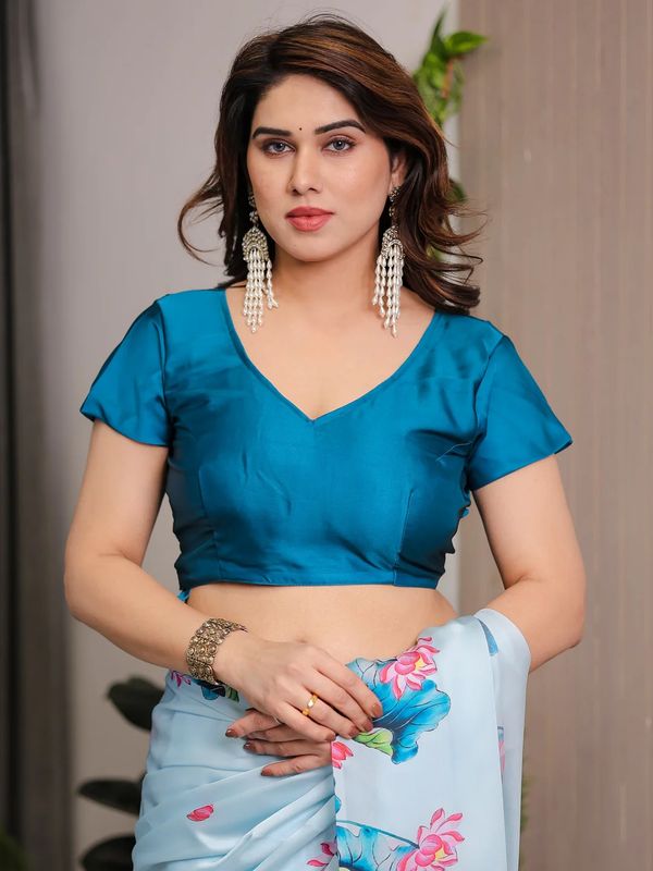Sky Blue Lotus Print Satin Saree with Blouse by Varnavi