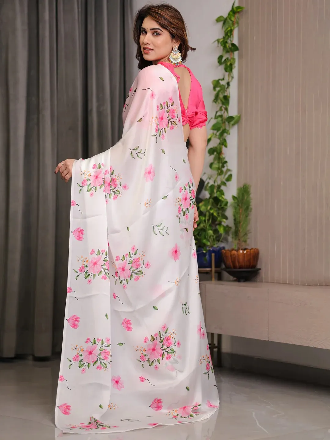 White Floral Satin Saree with Pink Flower Print Varnavi