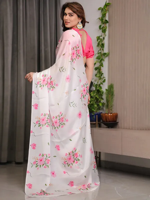 White Floral Satin Saree with Pink Flower Print Varnavi