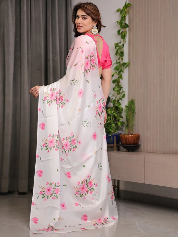 White Floral Satin Saree with Pink Flower Print Varnavi
